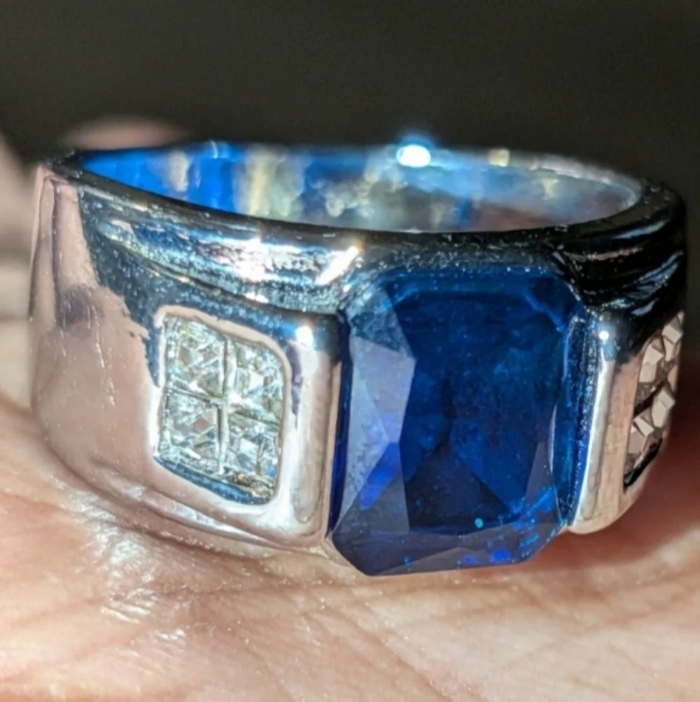 Men's Silver and Blue Gemstone Ring Sz 10